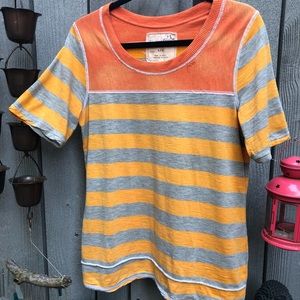 yellow orange grey striped shirt